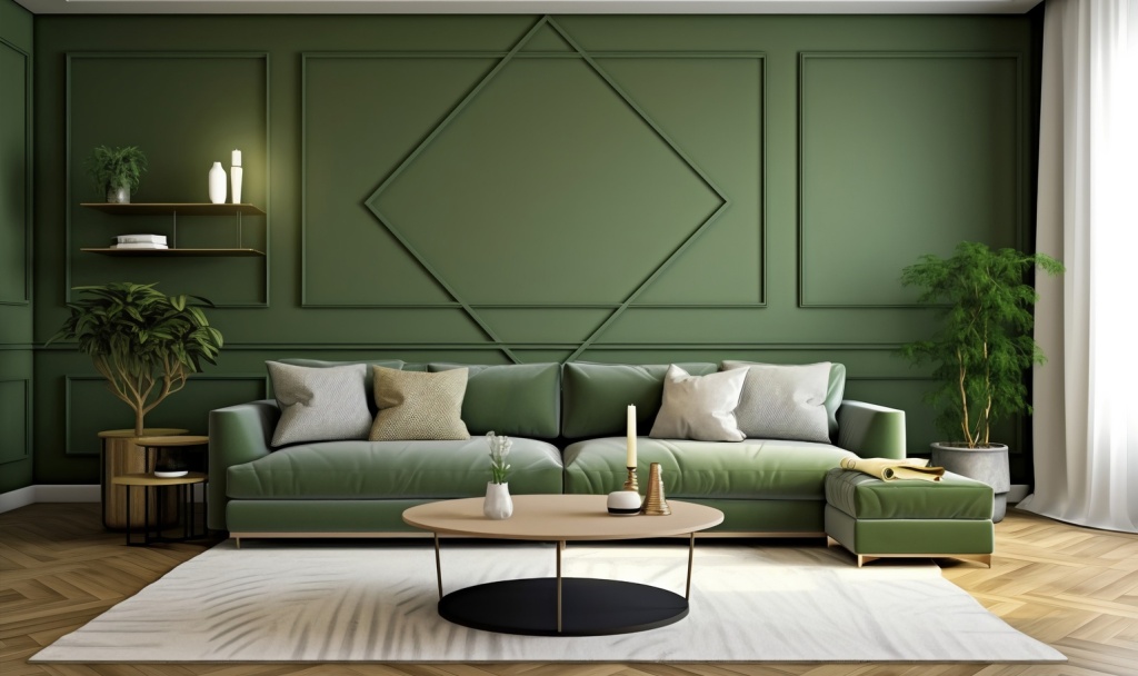 Оливковые стены отлично смотрятся в смелых интерьерах